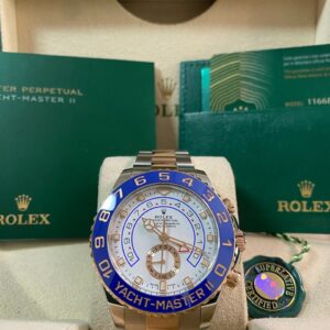 Rolex Steel and Everose Gold Yacht-Master II - 2023 - Blue Bezel - White Dial - 116681 *OPEN CARD*