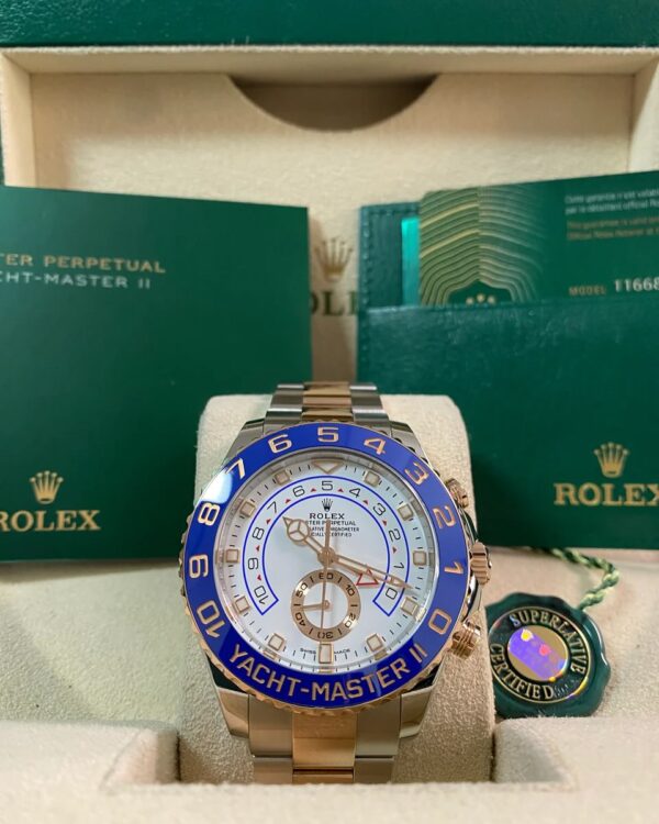 Rolex Steel and Everose Gold Yacht-Master II - 2023 - Blue Bezel - White Dial - 116681 *OPEN CARD*