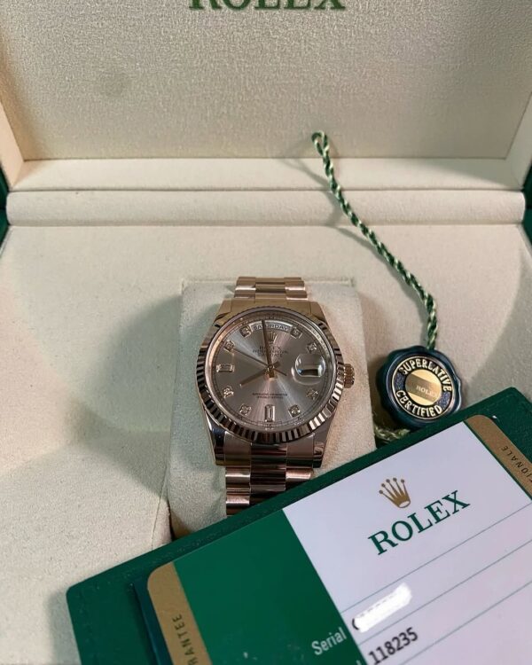 Rolex Everose Gold Day-Date 36 - 2017 - Fluted Bezel - Pink Diamond Dial - President Bracelet - 118235 *FULL SET*