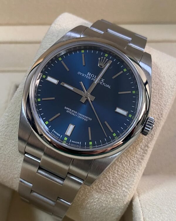 Rolex Steel Oyster Perpetual 39 - Domed Bezel - Blue Index Dial - 114300