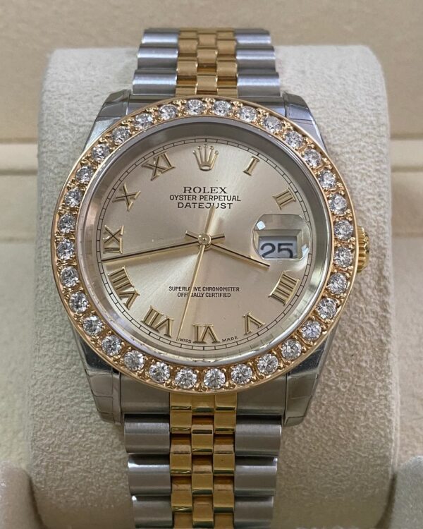 Rolex Steel and Yellow Gold Datejust 36 - D serial - Custom Diamond Bezel - Silver Roman Dial - Jubilee Bracelet - 116233 - Image 3