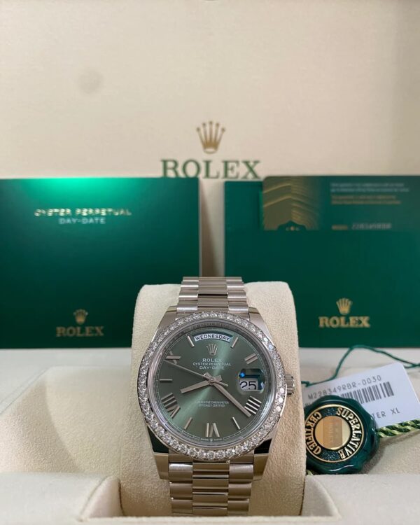 Rolex White Gold Day-Date 40 - 2023 -Diamond-Set Bezel - Olive Green Bevelled Roman Dial - President Bracelet - 228349RBR *FULL SET*