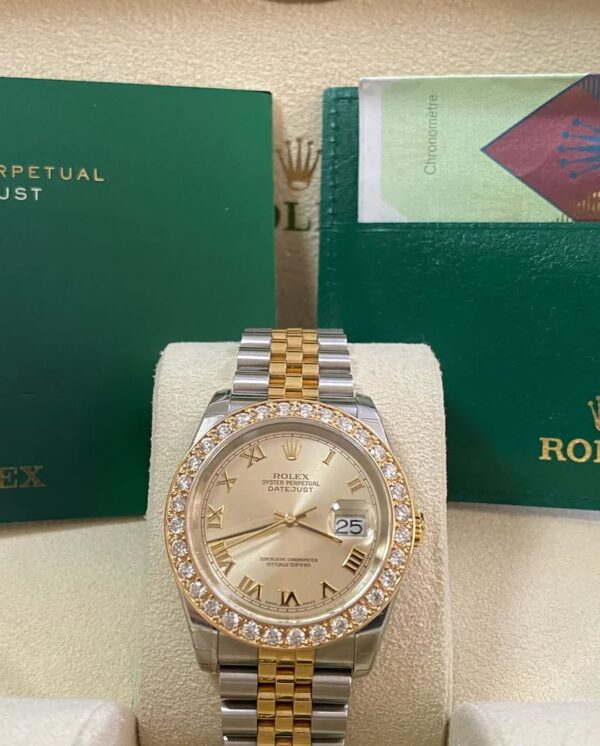 Rolex Steel and Yellow Gold Datejust 36 - D serial - Custom Diamond Bezel - Silver Roman Dial - Jubilee Bracelet - 116233