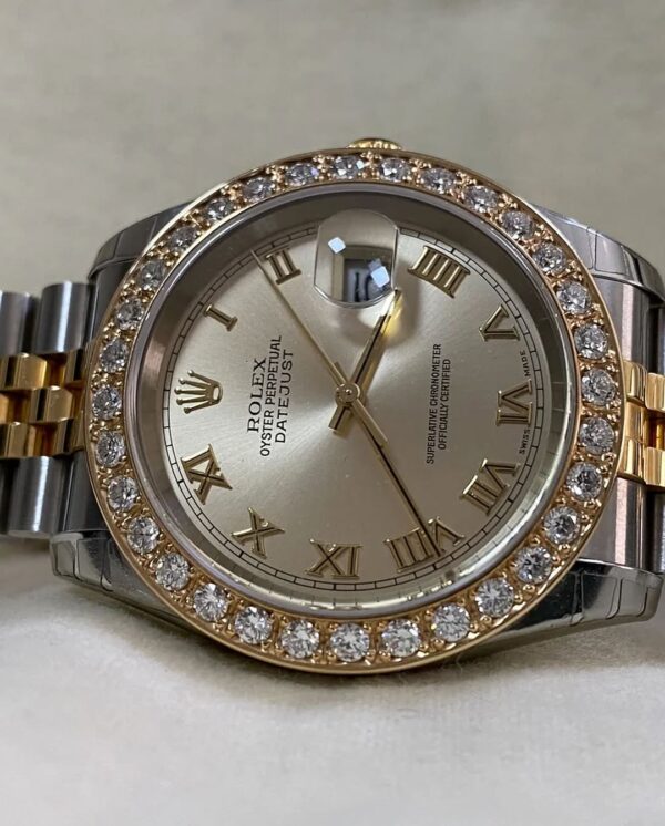 Rolex Steel and Yellow Gold Datejust 36 - D serial - Custom Diamond Bezel - Silver Roman Dial - Jubilee Bracelet - 116233 - Image 7