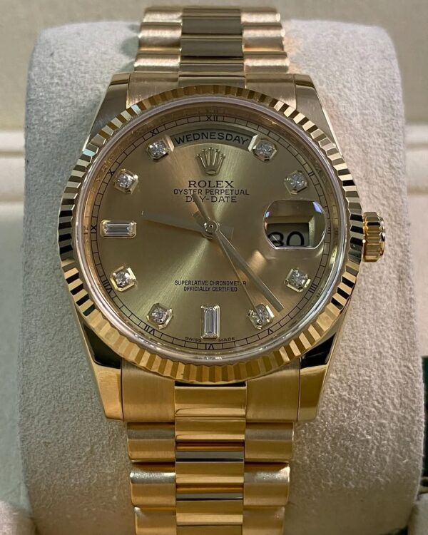 Rolex Yellow Gold Day-Date 36 - 2010 - Fluted Bezel - Factory Diamond Dial - President Bracelet - 118238 *FULL SET* - Image 9