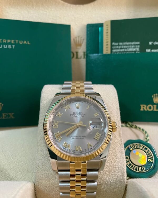 Rolex Steel and Yellow Gold Datejust 36 - V serial - Fluted Bezel - Silver Rhodium Roman Dial - Jubilee Bracelet - 116233 *FULL SET*