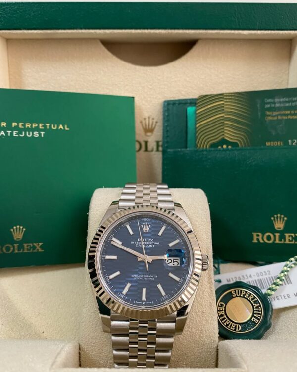 Rolex Steel Datejust 41 - 2023 - Fluted Bezel - Bright Blue Fluted-Motif Dial - Jubilee Bracelet - 126334 *FULL SET*