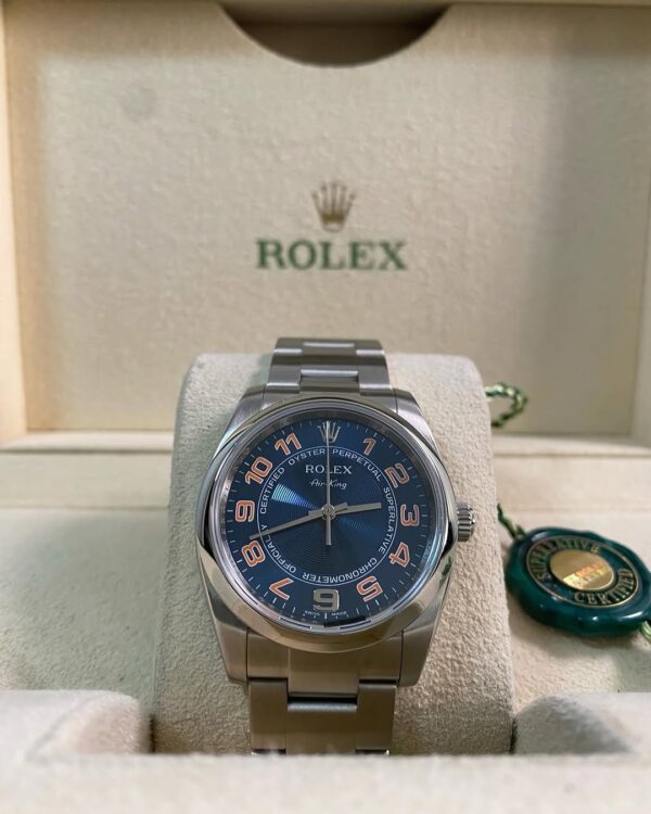 2008 Rolex Air King - M serial - Domed Bezel - Blue Dial - Orange Arabic Numerals - 114200