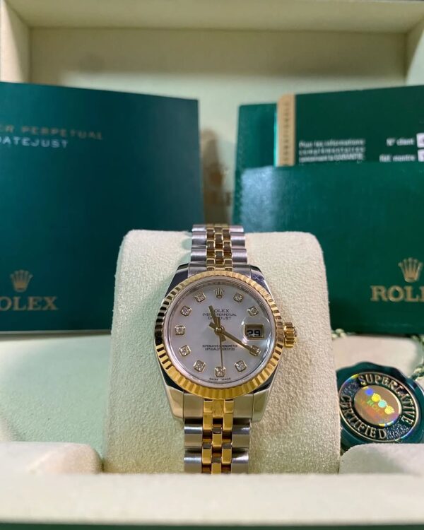 Rolex Yellow Gold and Steel Lady-Datejust - 2008 - Fluted Bezel - Mother-of-Pearl Diamond Dial - Jubilee Bracelet - 179173 *FULL SET*