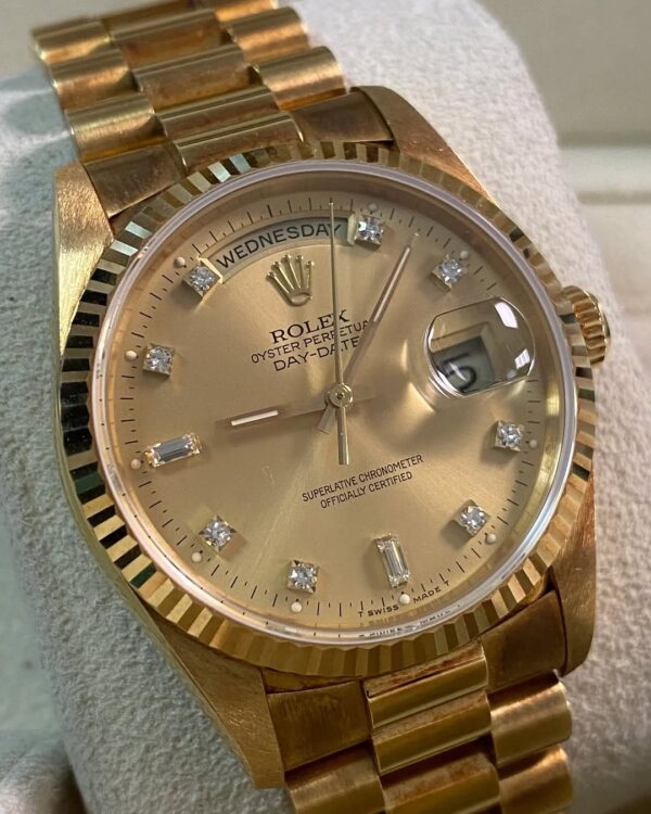 Rolex Yellow Gold Day-Date 36 - X serial - Fluted Bezel - Champagne Diamond Dial - President Bracelet - 18238 *UNPOLISHED* - Image 10