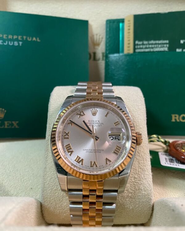 Rolex Steel and Everose Gold Datejust 36 - Fluted Bezel - Pink Roman Dial - Jubilee Bracelet - 116231 *MOST STICKERS*