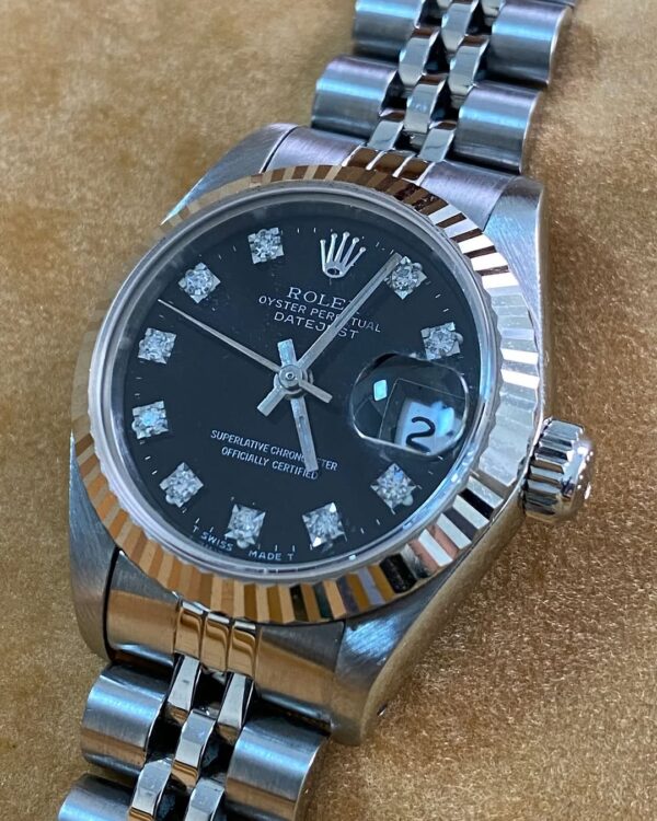 Rolex Steel Lady-Datejust - N serial- Fluted Bezel - Black Diamond Dial - Jubilee Bracelet - 69174 - Image 4