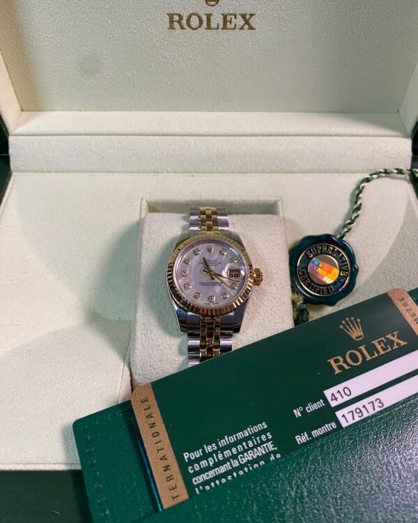 Rolex Yellow Gold and Steel Lady-Datejust - 2008 - Fluted Bezel - Mother-of-Pearl Diamond Dial - Jubilee Bracelet - 179173 *FULL SET*