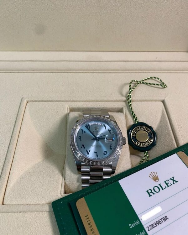 Rolex Platinum Day-Date 40 - 2017 - Baguette Bezel - Ice Blue Arabic Dial - President Bracelet - 228396RBR *UNPOLISHED* - Image 11