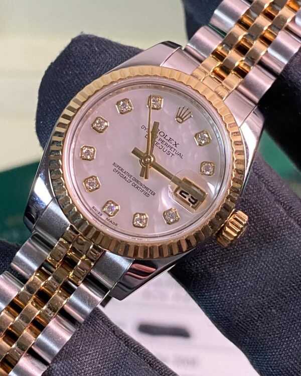 Rolex Yellow Gold and Steel Lady-Datejust - 2008 - Fluted Bezel - Mother-of-Pearl Diamond Dial - Jubilee Bracelet - 179173 *FULL SET* - Image 6