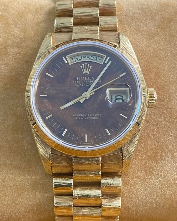 Rolex Yellow Gold Day-Date 36 - 1987 - Fluted Bezel - Wood Dial - Florentine Finish President Bracelet - 18038 - Image 8