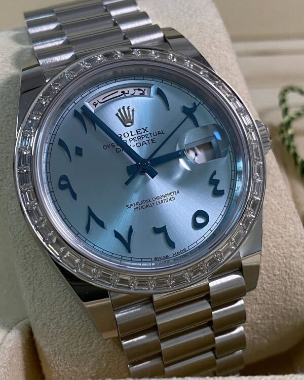 Rolex Platinum Day-Date 40 - 2017 - Baguette Bezel - Ice Blue Arabic Dial - President Bracelet - 228396RBR *UNPOLISHED* - Image 2