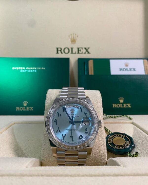 Rolex Platinum Day-Date 40 - 2017 - Baguette Bezel - Ice Blue Arabic Dial - President Bracelet - 228396RBR *UNPOLISHED*