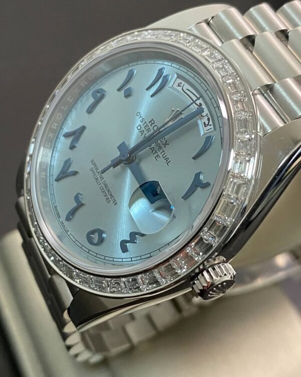 Rolex Platinum Day-Date 40 - 2017 - Baguette Bezel - Ice Blue Arabic Dial - President Bracelet - 228396RBR *UNPOLISHED* - Image 6