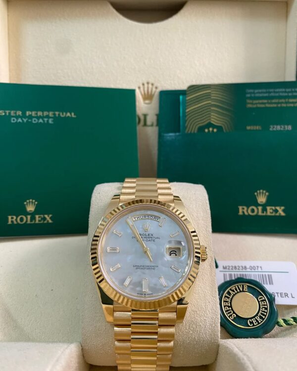 Rolex Yellow Gold Day-Date 40 - 2025 - Fluted Bezel - Mother-of-Pearl Baguette Dial - President Bracelet - 228238 *FULL SET*