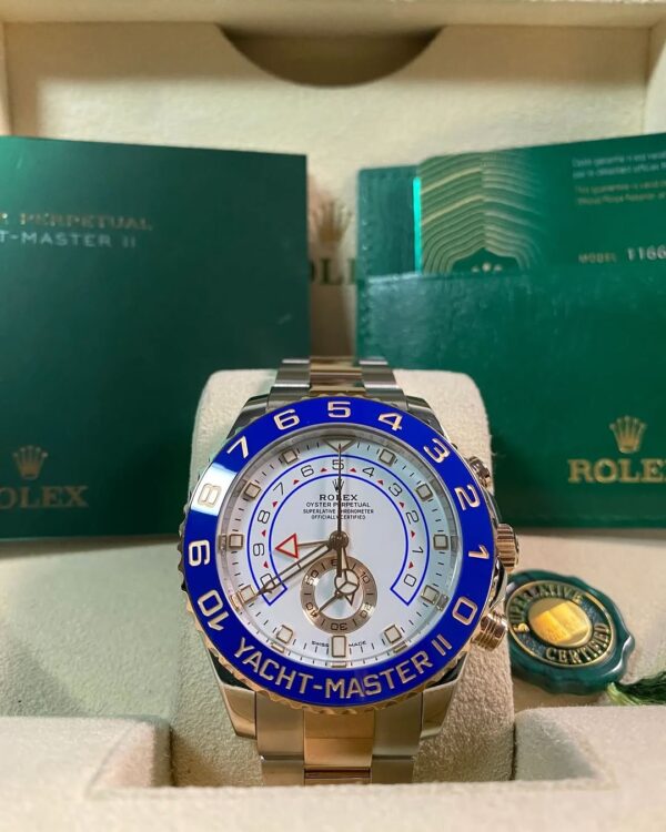 Rolex Steel and Everose Gold Yacht-Master II - 2020 - Blue Bezel - White Dial - 116681 *FULL SET*