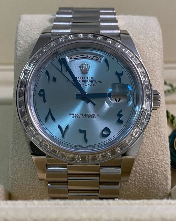 Rolex Platinum Day-Date 40 - 2017 - Baguette Bezel - Ice Blue Arabic Dial - President Bracelet - 228396RBR *UNPOLISHED* - Image 3