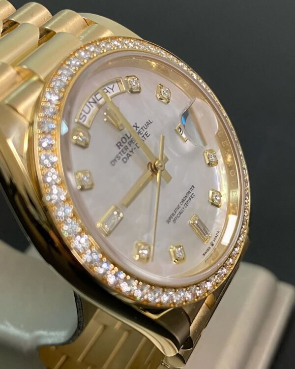 Rolex White Gold Day-Date 36 - 2022 - Diamond Bezel - Mother-of-Pearl Diamond Dial - President Bracelet - 128348RBR - Image 3