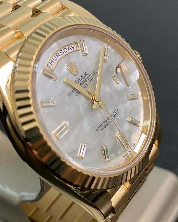 Rolex Yellow Gold Day-Date 40 - 2025 - Fluted Bezel - Mother-of-Pearl Baguette Dial - President Bracelet - 228238 *FULL SET* - Image 8