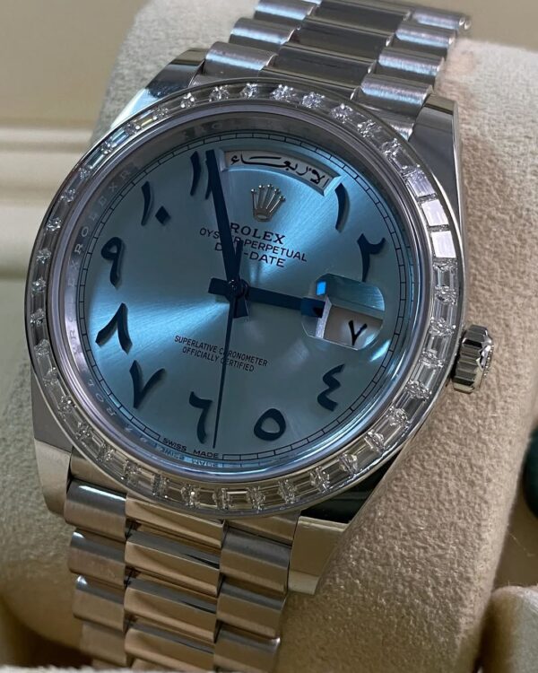 Rolex Platinum Day-Date 40 - 2017 - Baguette Bezel - Ice Blue Arabic Dial - President Bracelet - 228396RBR *UNPOLISHED* - Image 10