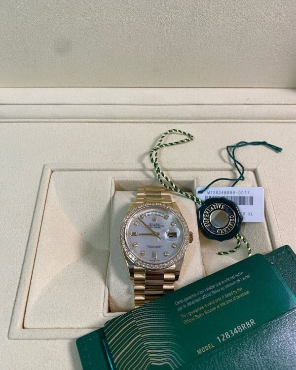 Rolex White Gold Day-Date 36 - 2022 - Diamond Bezel - Mother-of-Pearl Diamond Dial - President Bracelet - 128348RBR - Image 2