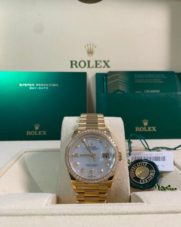 Rolex White Gold Day-Date 36 - 2022 - Diamond Bezel - Mother-of-Pearl Diamond Dial - President Bracelet - 128348RBR