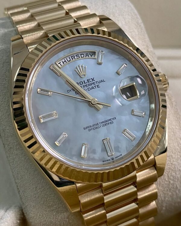 Rolex Yellow Gold Day-Date 40 - 2025 - Fluted Bezel - Mother-of-Pearl Baguette Dial - President Bracelet - 228238 *FULL SET* - Image 6