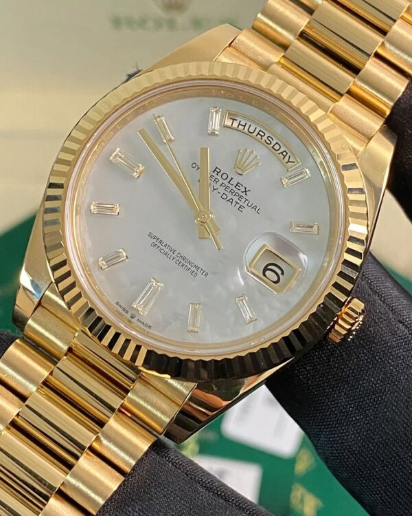 Rolex Yellow Gold Day-Date 40 - 2025 - Fluted Bezel - Mother-of-Pearl Baguette Dial - President Bracelet - 228238 *FULL SET* - Image 5