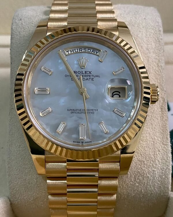 Rolex Yellow Gold Day-Date 40 - 2025 - Fluted Bezel - Mother-of-Pearl Baguette Dial - President Bracelet - 228238 *FULL SET* - Image 3