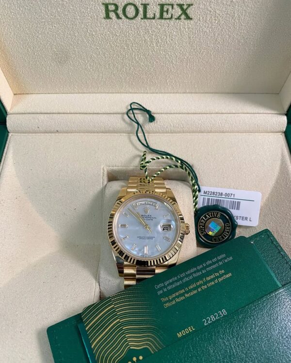 Rolex Yellow Gold Day-Date 40 - 2025 - Fluted Bezel - Mother-of-Pearl Baguette Dial - President Bracelet - 228238 *FULL SET* - Image 12