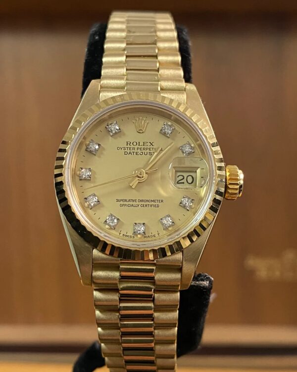 Rolex Yellow Gold Lady-Datejust - 1985 - Fluted Bezel - Lemon Diamond Dial - President Bracelet - 69178 *FULL SET* - Image 2