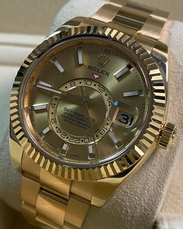 Rolex Yellow Gold Sky-Dweller - 2021 - Fluted Bezel - Champagne Index Dial - Oyster Bracelet - 326938 *FULL SET* - Image 9