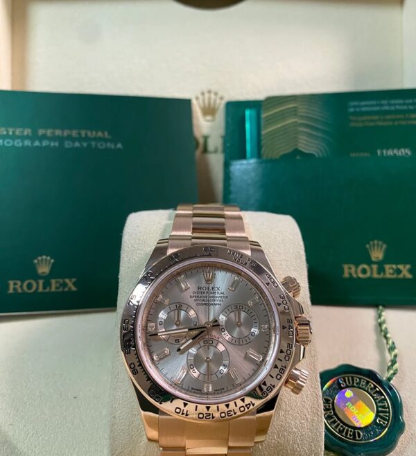 Rolex Everose Gold Cosmograph Daytona - 2022 - Sundust Baguette Dial - 116505 *FULL SET*