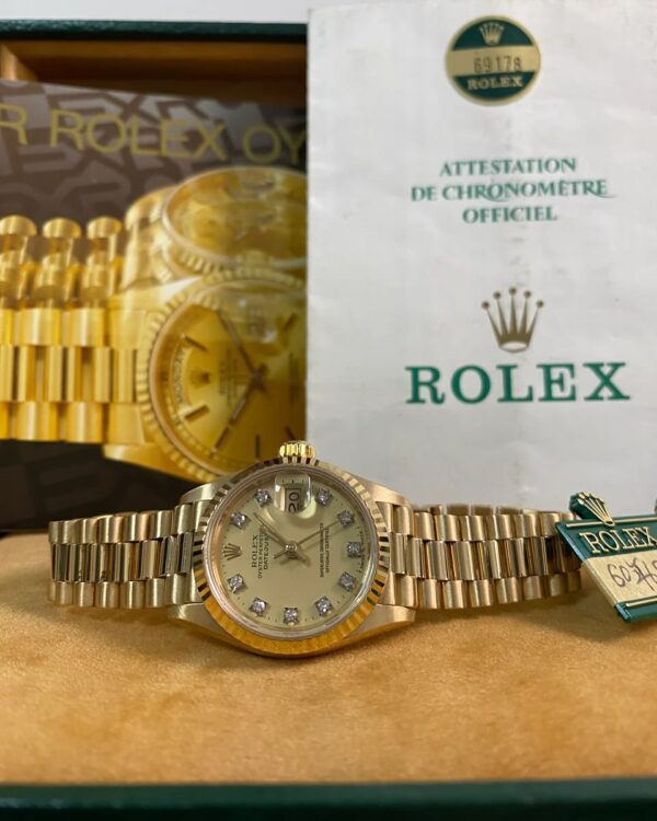 Rolex Yellow Gold Lady-Datejust - 1985 - Fluted Bezel - Lemon Diamond Dial - President Bracelet - 69178 *FULL SET*