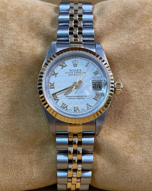 Rolex Steel & Yellow Gold Lady-Datejust - E serial - Fluted Bezel - Ivory Pyramid Roman Dial - Jubilee Bracelet - 69173 *FULL SET* - Image 10