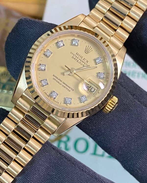 Rolex Yellow Gold Lady-Datejust - 1985 - Fluted Bezel - Lemon Diamond Dial - President Bracelet - 69178 *FULL SET* - Image 6