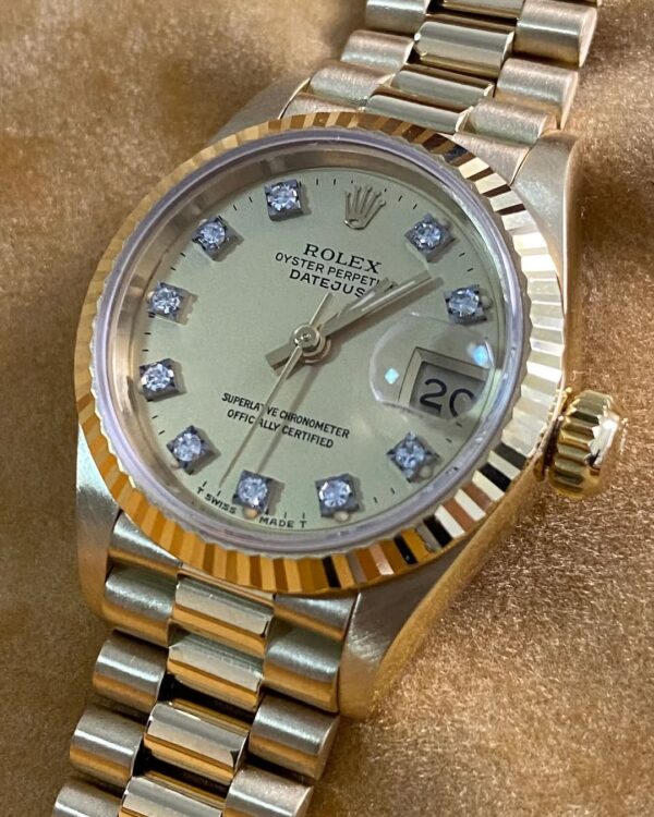 Rolex Yellow Gold Lady-Datejust - 1985 - Fluted Bezel - Lemon Diamond Dial - President Bracelet - 69178 *FULL SET* - Image 4