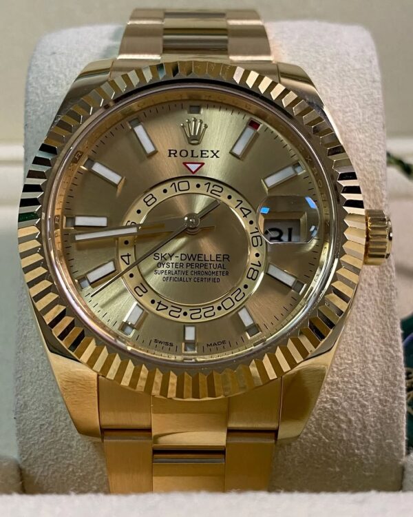 Rolex Yellow Gold Sky-Dweller - 2021 - Fluted Bezel - Champagne Index Dial - Oyster Bracelet - 326938 *FULL SET* - Image 5