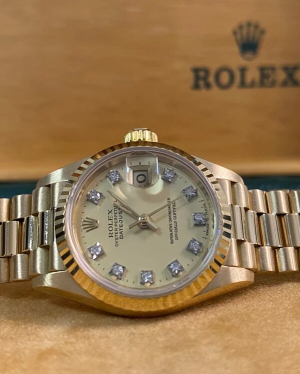 Rolex Yellow Gold Lady-Datejust - 1985 - Fluted Bezel - Lemon Diamond Dial - President Bracelet - 69178 *FULL SET* - Image 9