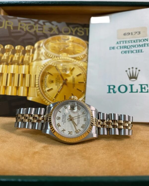 Rolex Steel & Yellow Gold Lady-Datejust - E serial - Fluted Bezel - Ivory Pyramid Roman Dial - Jubilee Bracelet - 69173 *FULL SET*